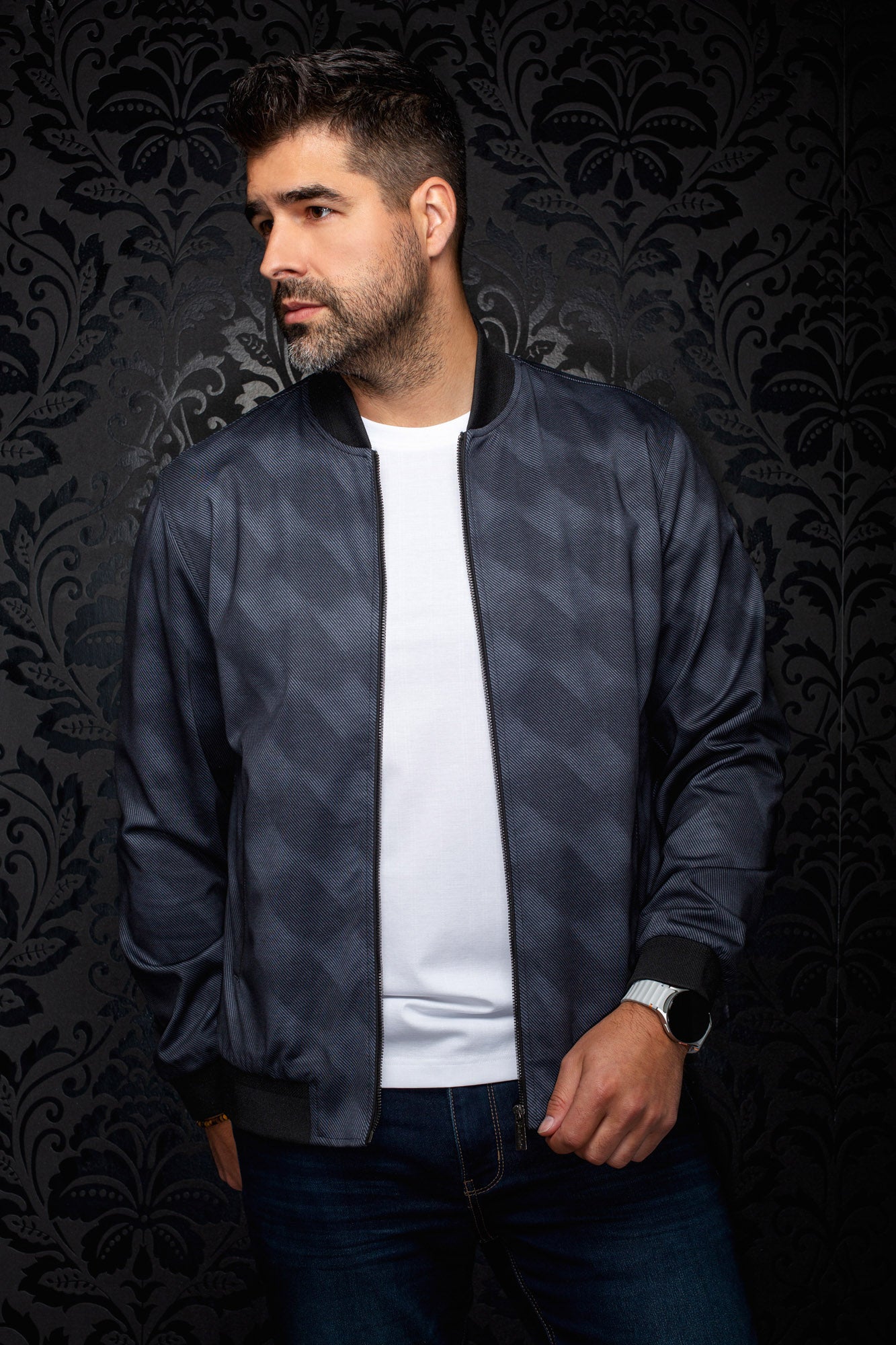 Au Noir men's dark navy bomber jacket front view with black ribbed collar, cuffs, and zipper