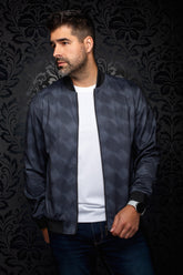 Au Noir men's dark navy bomber jacket front view with black ribbed collar, cuffs, and zipper