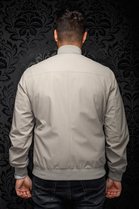 Au Noir men's light gray bomber jacket with ribbed collar, cuffs, hem, and center back seam, back view