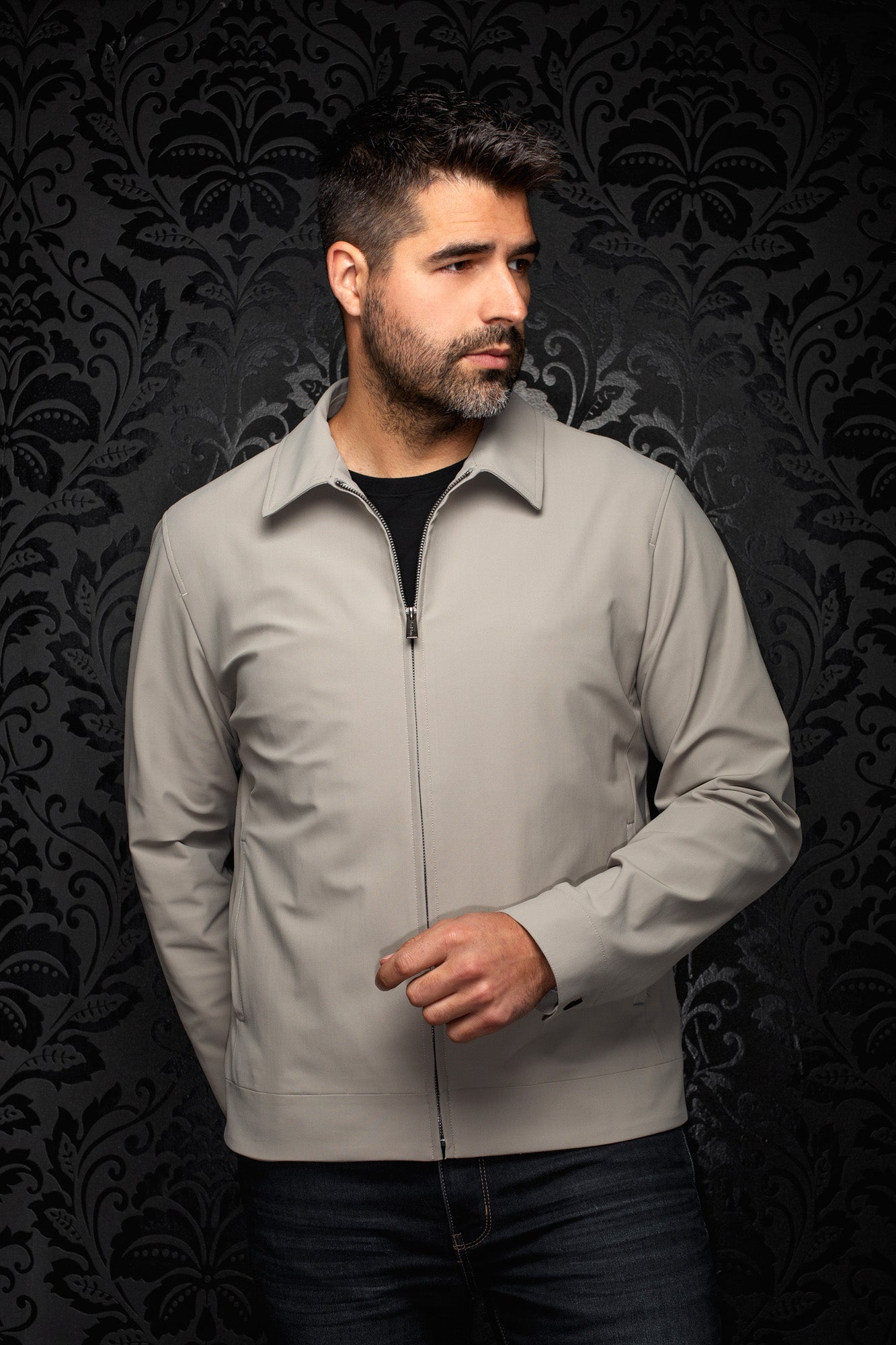 Men's light gray zip-front bomber jacket front view with pointed collar, metal zipper and straight hem by Au Noir