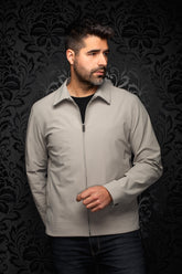 Men's light gray zip-front bomber jacket front view with pointed collar, metal zipper and straight hem by Au Noir