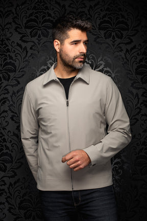 Men's light gray zip-front bomber jacket front view with pointed collar, metal zipper and straight hem by Au Noir