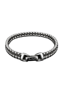 Men's silver multi-link bracelet with Au Noir logo clasp, isolated product view