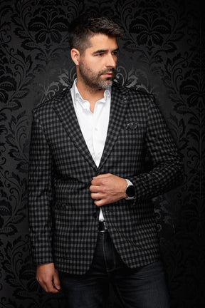 Au Noir men's black and gray check blazer with notch lapels and chest pocket, front model view