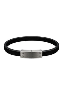 Men's black bracelet with brushed silver clasp and screw details, isolated product view by Au Noir