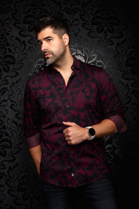 Men's angled model view of black burgundy floral button-up shirt, side view by Au Noir
