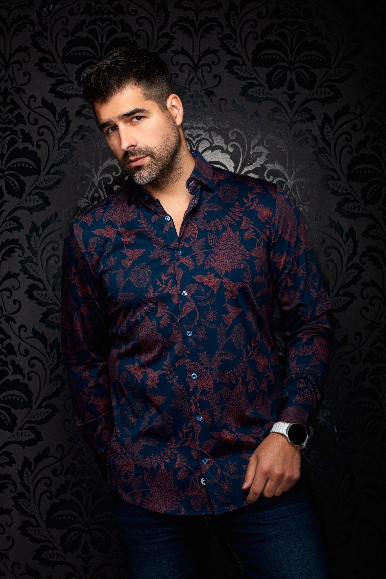 Au Noir men's navy button-up shirt with burgundy floral print, spread collar, and long sleeves shown from the front