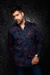 Au Noir men's navy button-up shirt with burgundy floral print, spread collar, and long sleeves shown from the front