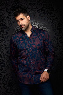 Au Noir men's navy button-up shirt with burgundy floral print, spread collar, and long sleeves shown from the front