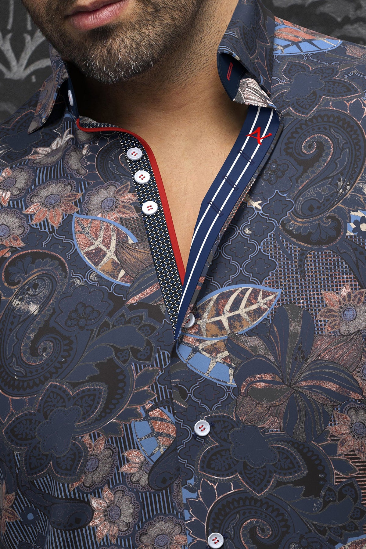 Long sleeve shirt for men by Au Noir | MACHADO Navy Rust | Menshirt, complete inventory of the Au Noir brand