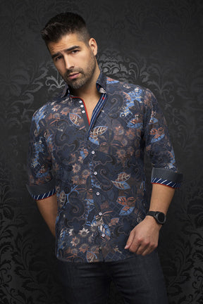 Long sleeve shirt for men by Au Noir | MACHADO Navy Rust | Menshirt, complete inventory of the Au Noir brand