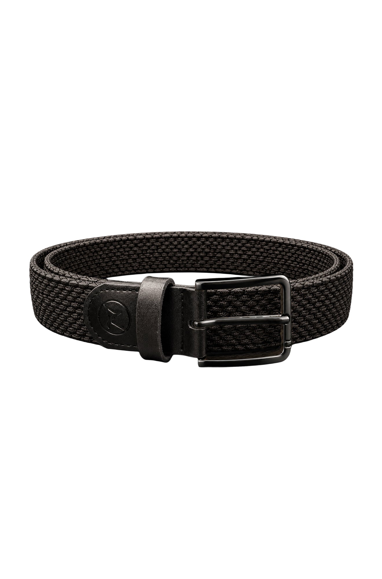 Au Noir men's black woven belt in isolated view with rectangular black buckle and tonal logo tab
