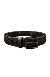 Au Noir men's black woven belt in isolated view with rectangular black buckle and tonal logo tab