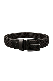 Au Noir men's black woven belt in isolated view with rectangular black buckle and tonal logo tab