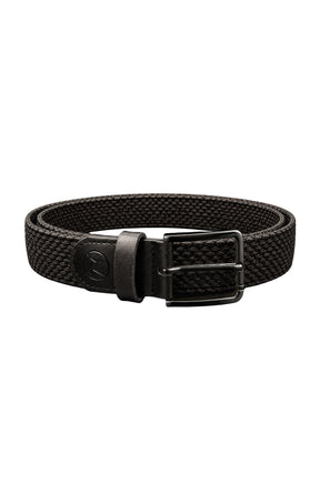 Au Noir men's black woven belt in isolated view with rectangular black buckle and tonal logo tab