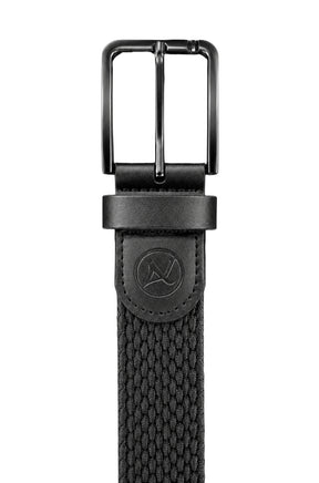 Au Noir men's black woven belt buckle with leather-look keeper and tonal round logo patch, close-up
