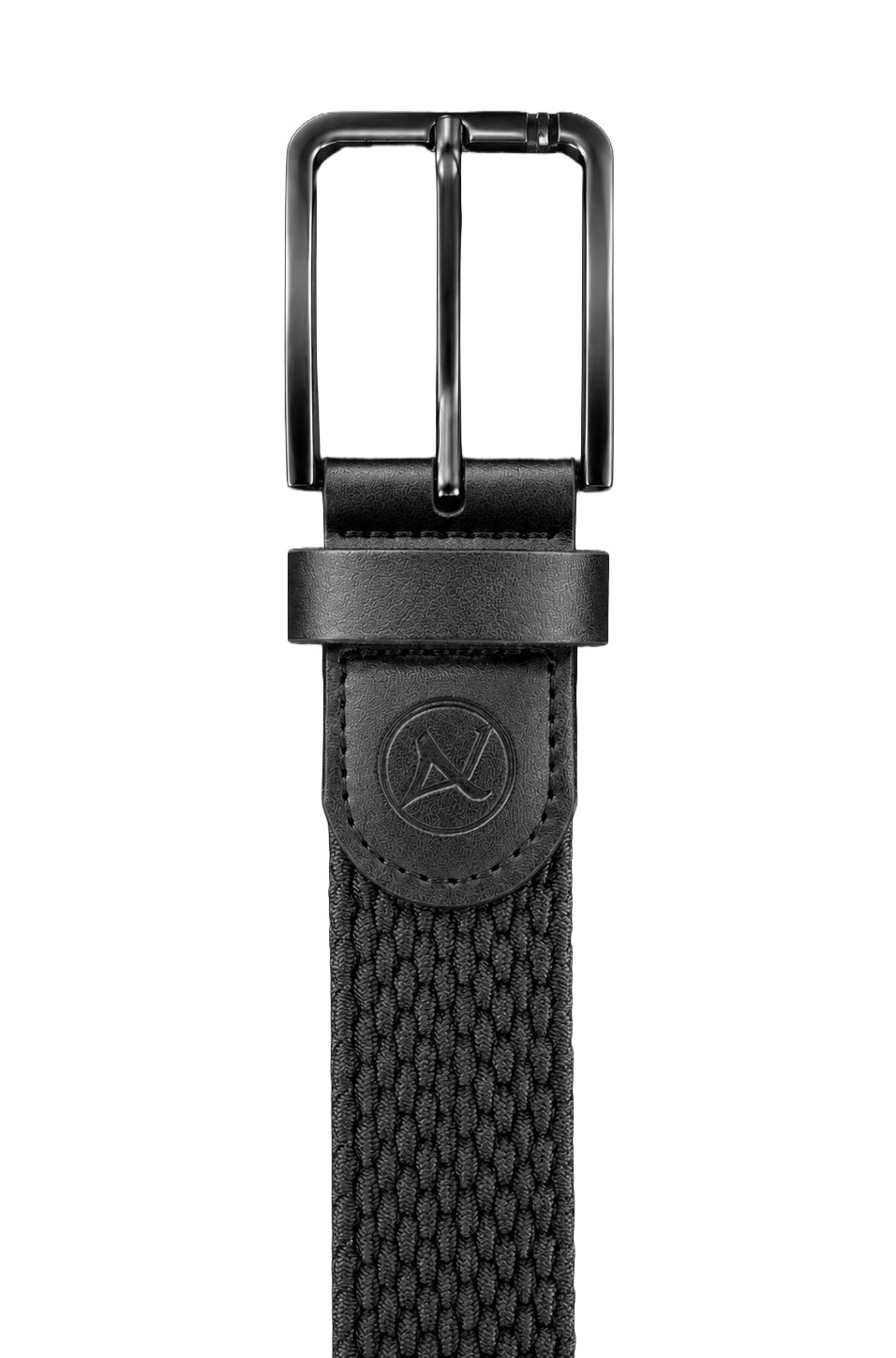 Au Noir men's black woven belt buckle with leather-look keeper and tonal round logo patch, close-up