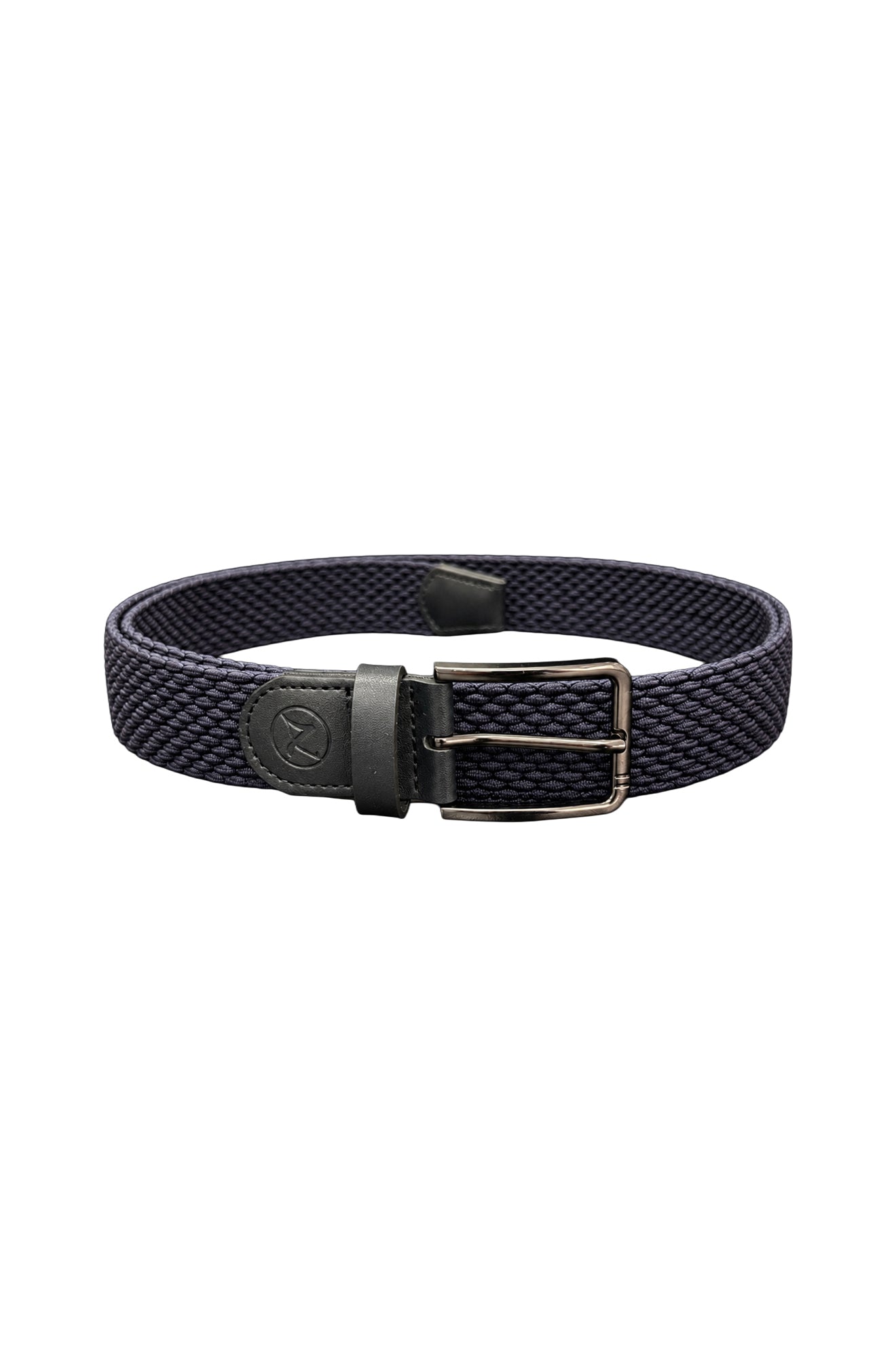 Au Noir men's navy braided belt with black rectangular buckle and embossed logo leather tab, product view
