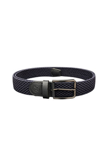 Au Noir men's navy braided belt with black rectangular buckle and embossed logo leather tab, product view
