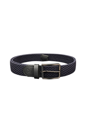 Au Noir men's navy braided belt with black rectangular buckle and embossed logo leather tab, product view
