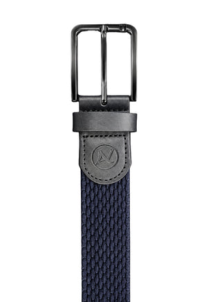 Men's detail of black buckle on navy braided belt with embossed leather logo tab by Au Noir