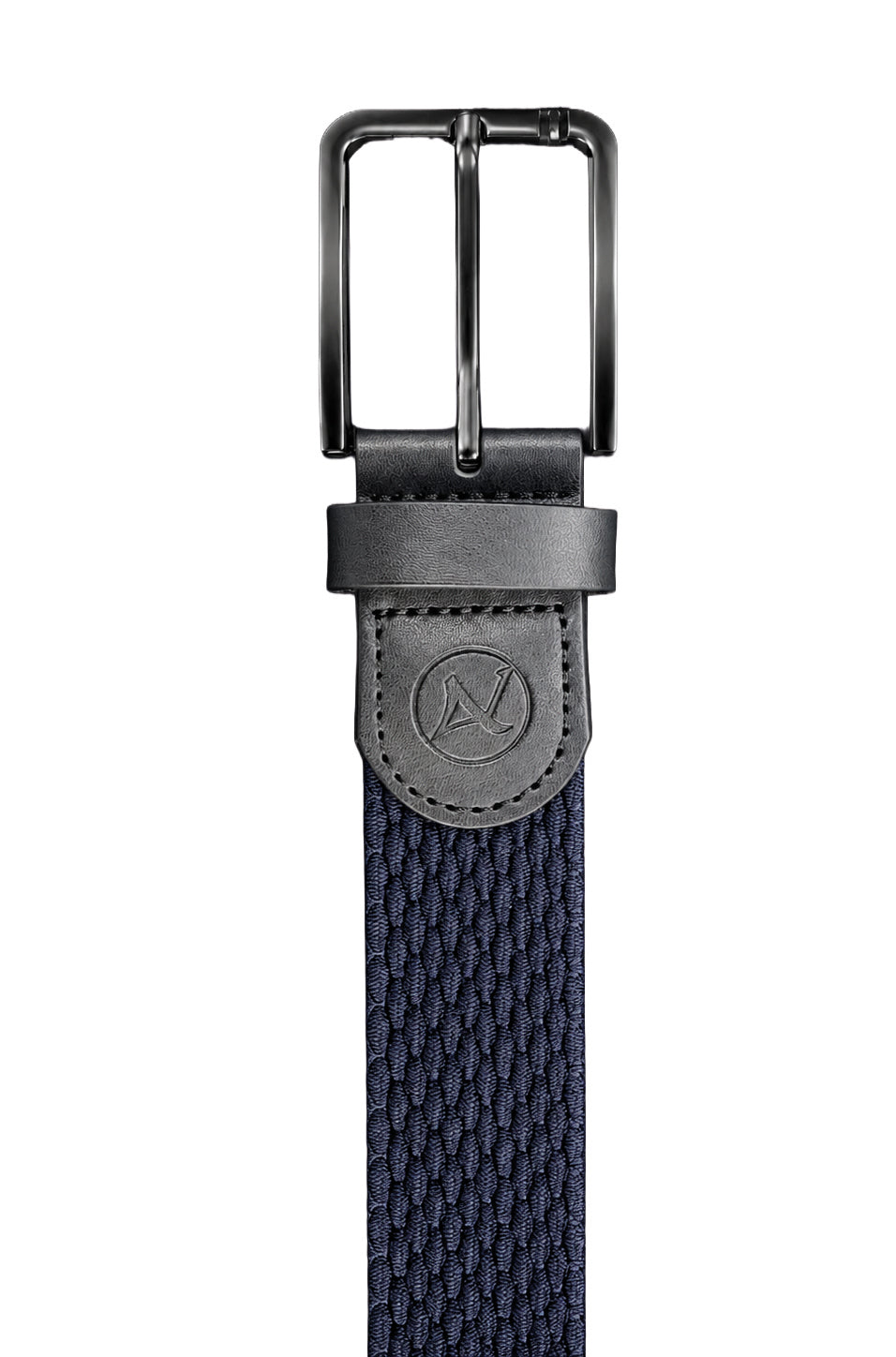 Men's detail of black buckle on navy braided belt with embossed leather logo tab by Au Noir
