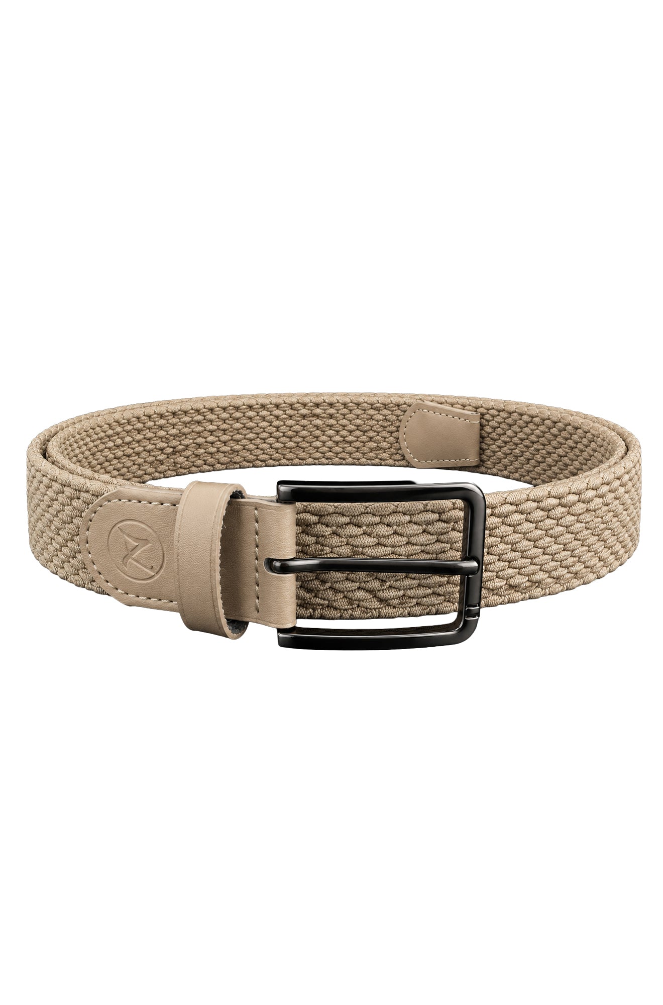 Au Noir men's beige woven belt with black buckle, leather-look ends and embossed logo, product view
