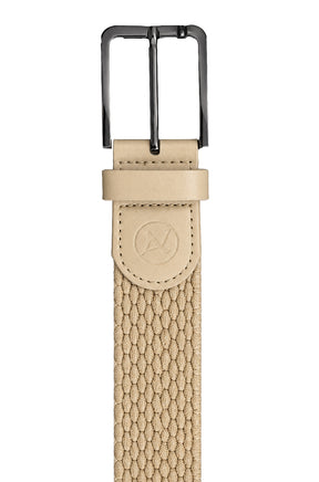 Men's detail of beige woven belt with black buckle and embossed logo tab by Au Noir