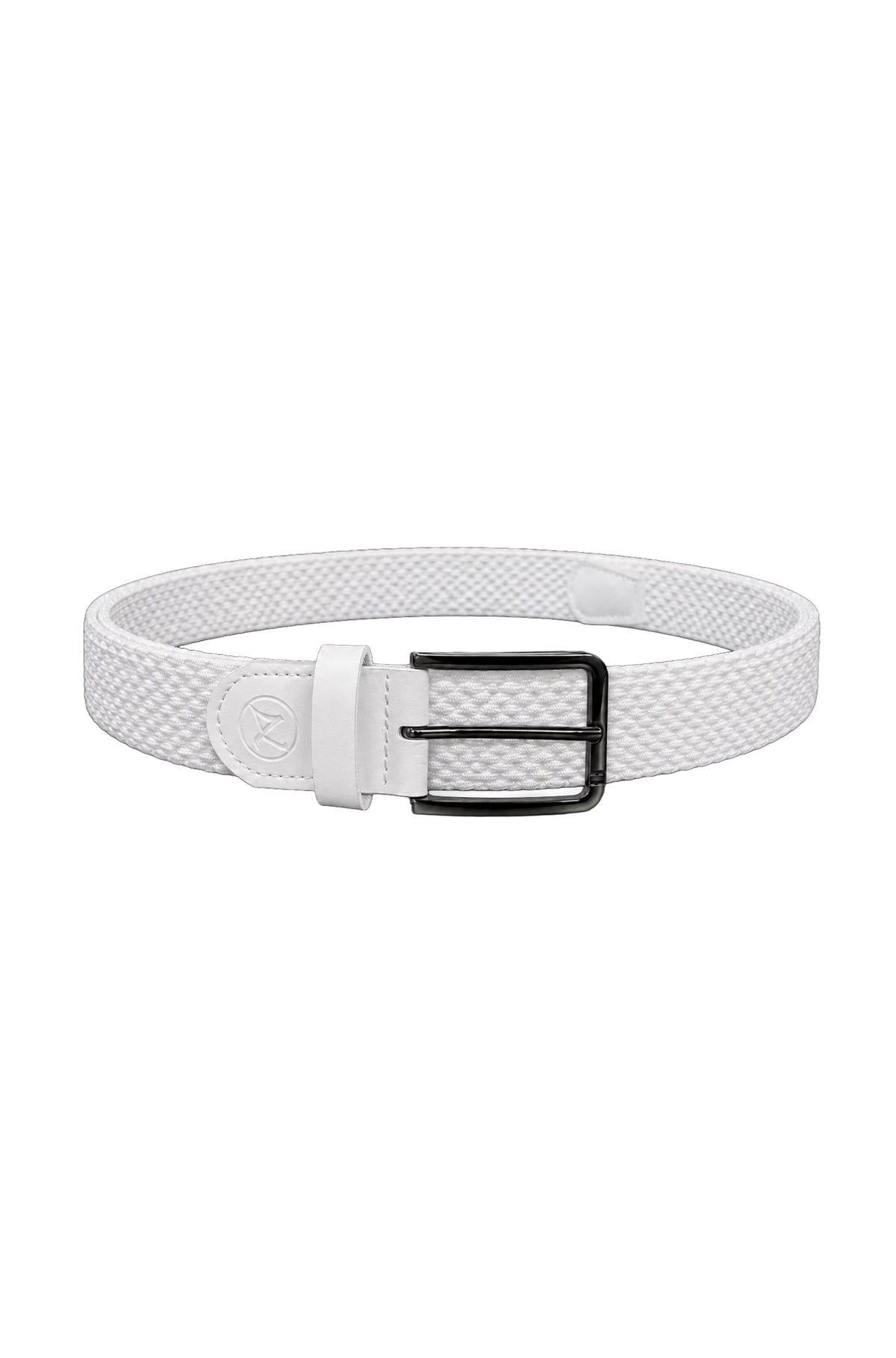 Au Noir men's white woven belt with black rectangular buckle and tonal trim, product view