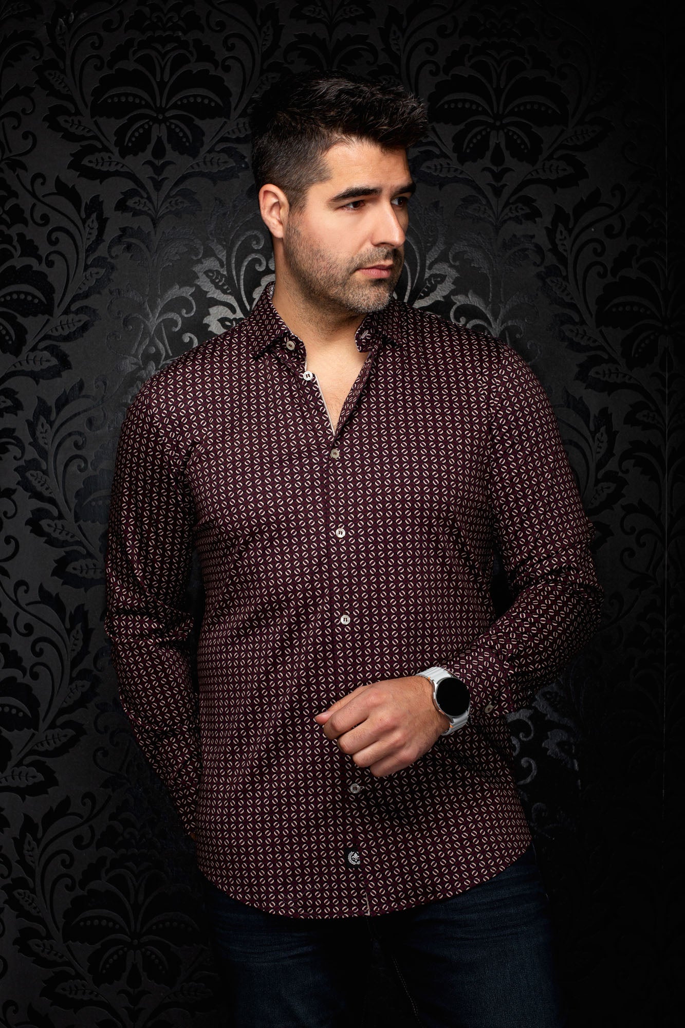 Front view of men's burgundy geometric print button-up shirt with long sleeves and light buttons by Au Noir
