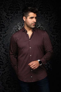 Front view of men's burgundy geometric print button-up shirt with long sleeves and light buttons by Au Noir