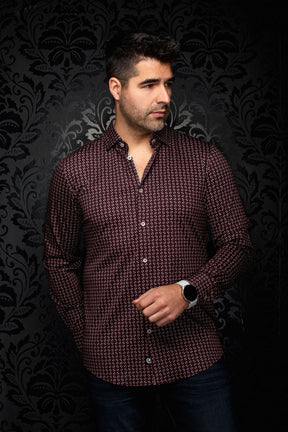 Front view of men's burgundy geometric print button-up shirt with long sleeves and light buttons by Au Noir