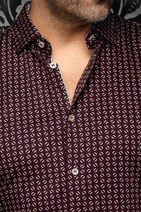 Au Noir men's burgundy geometric print shirt collar, placket, light buttons, and contrast trim, close-up