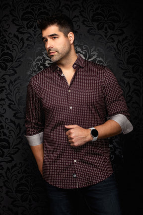 Au Noir men's angled front view of a burgundy geometric print shirt with rolled contrast cuffs and button placket