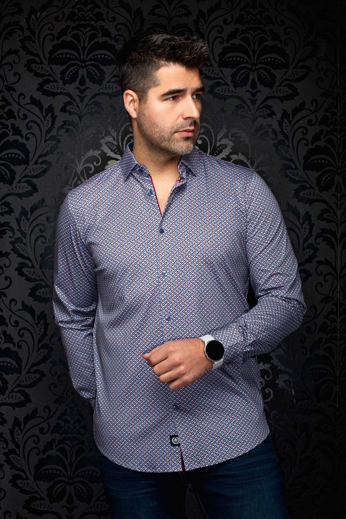 Au Noir men's blue geometric print button-up shirt with open collar and burgundy accents, front view