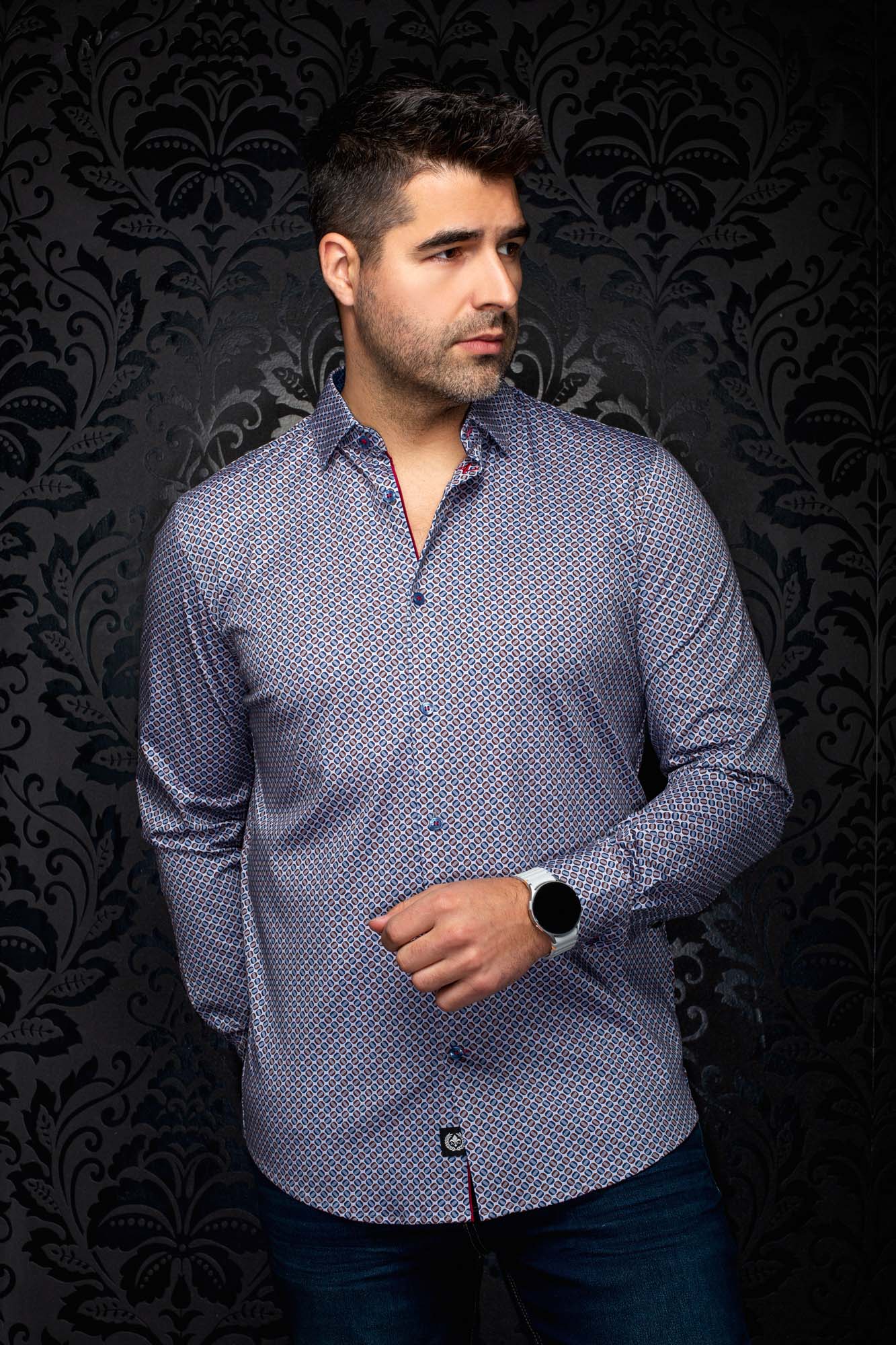Au Noir men's blue geometric print button-up shirt with open collar and burgundy accents, front view