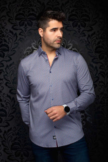 Au Noir men's blue geometric print button-up shirt with open collar and burgundy accents, front view