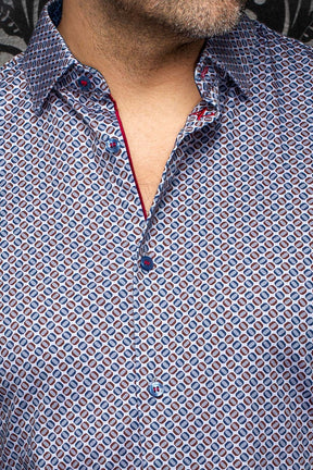Au Noir men's blue geometric print shirt with button collar, burgundy shapes and red piping, close-up