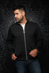 Au Noir men's black zip-front stand-collar sport jacket with silver zipper and angled pockets shown from the front