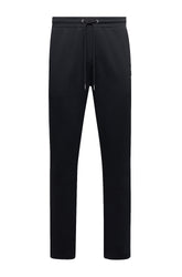 Men's black sweatpants product view with metal-tipped cords and elastic drawstring waist by Psycho Bunny