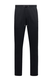 Men's black sweatpants product view with metal-tipped cords and elastic drawstring waist by Psycho Bunny