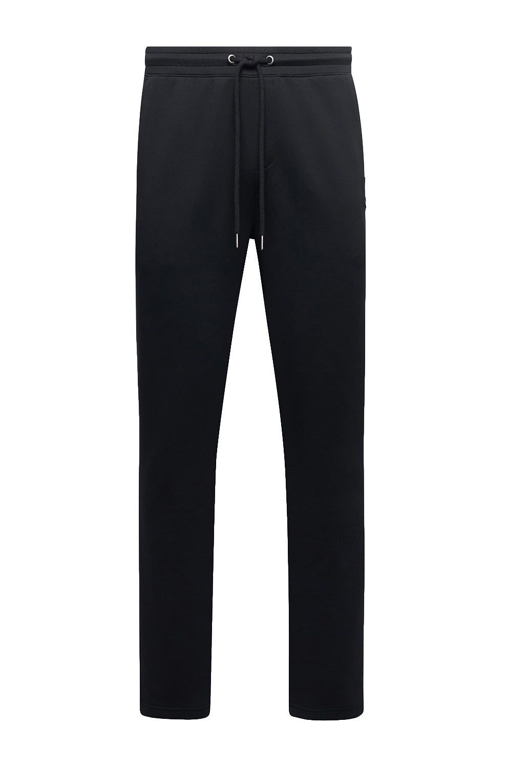 Men's black sweatpants product view with metal-tipped cords and elastic drawstring waist by Psycho Bunny