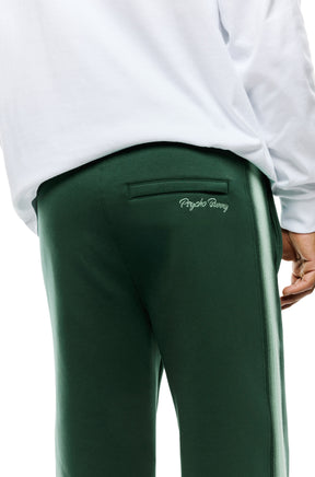 Men's back detail of dark green sweatpants with light green side stripe, embroidered text and welt pocket by Psycho Bunny