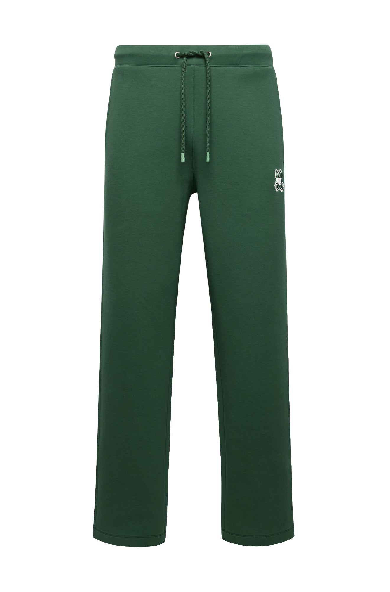 Psycho Bunny men's dark green wide-leg sweatpants with bunny logo patch and drawstring waist shown from the front
