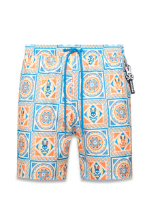 Psycho Bunny men's cream swim shorts with blue drawstring and orange-blue tile print shown from the front