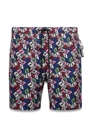 Psycho Bunny men's black multicolor printed swim shorts with side tag and drawstring waistband shown from the front