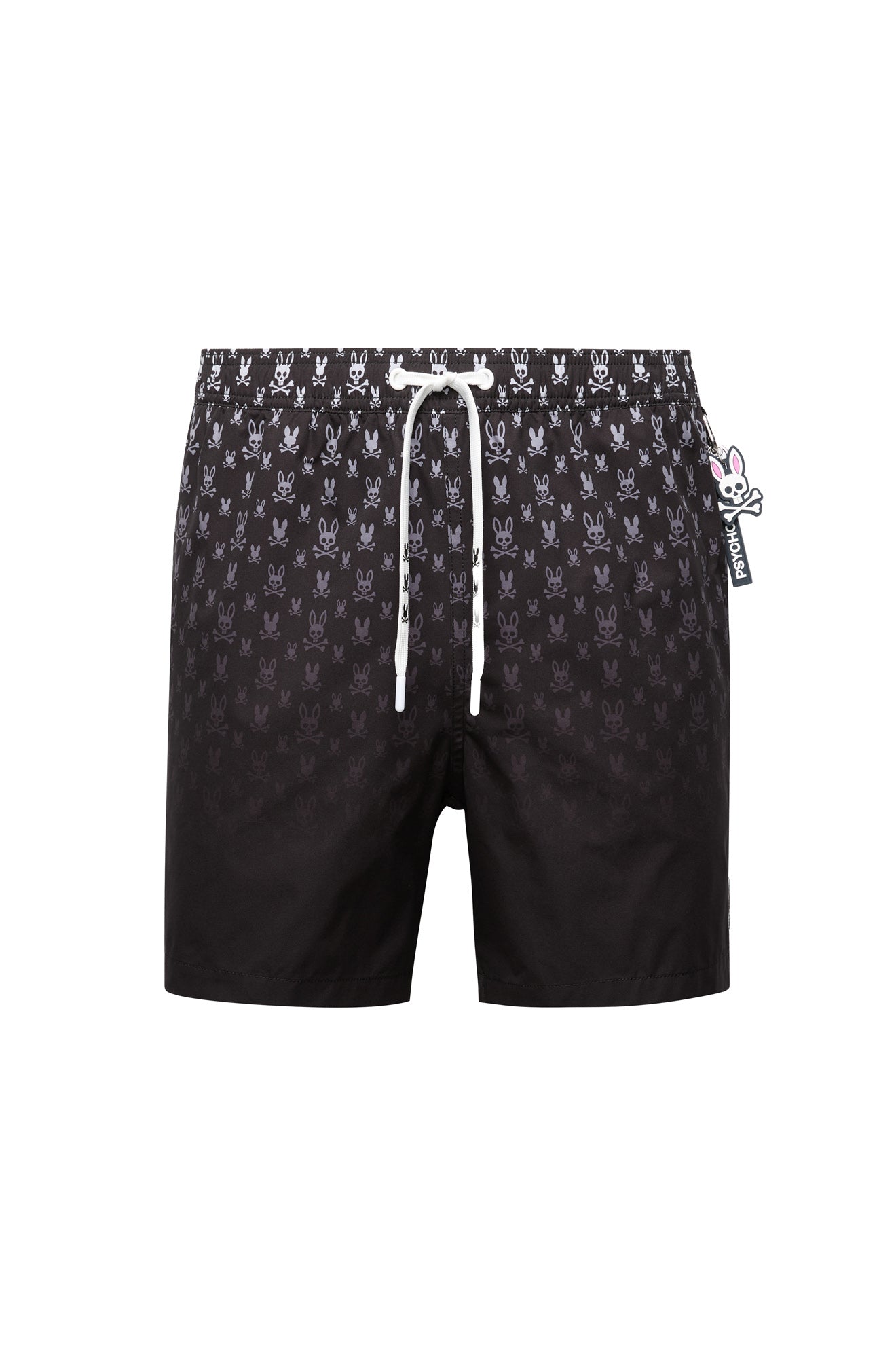 Isolated front view of men's black swim shorts with allover bunny skull print and white drawstring by Psycho Bunny