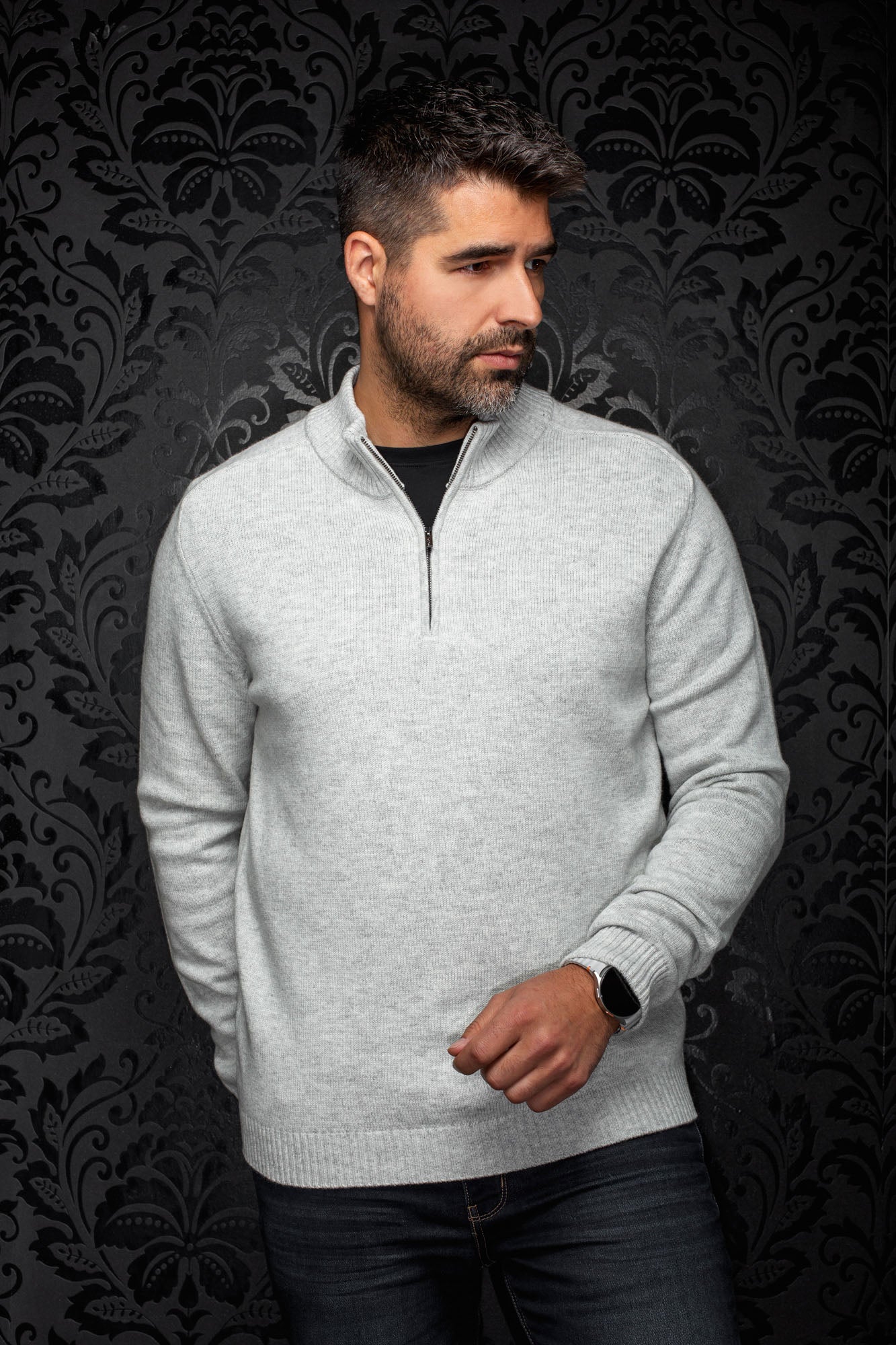 Au Noir men's light gray half-zip knit cashmere sweater with ribbed collar, cuffs, and hem, front model view