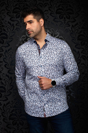 Au Noir men's white micro floral button-up shirt with navy contrast collar and blue buttons, front view