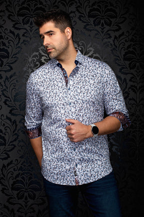 Men's angled front view of white floral button-up shirt with rolled sleeves and burgundy cuff facing by Au Noir